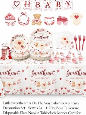 112pcs A Little Sweetheart Is On The Way Baby Shower Decorations Set Serves 24
